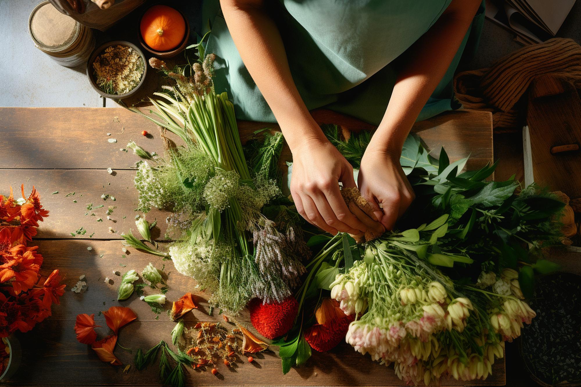 Workshop table with fresh produce and chef hands